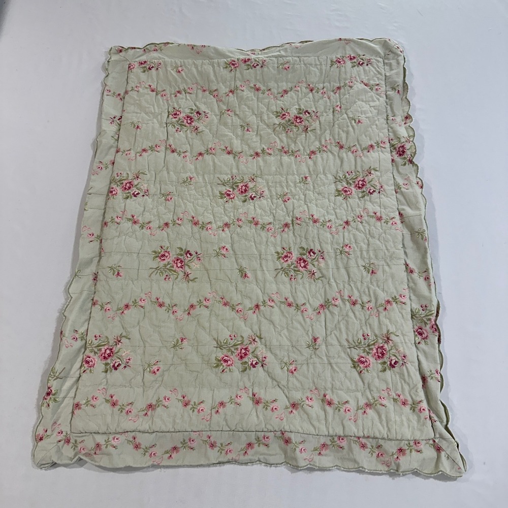 Simply Shabby Chic Rose Floral Quilted Cotton Pillow Sham Scalloped Sage 23x28
